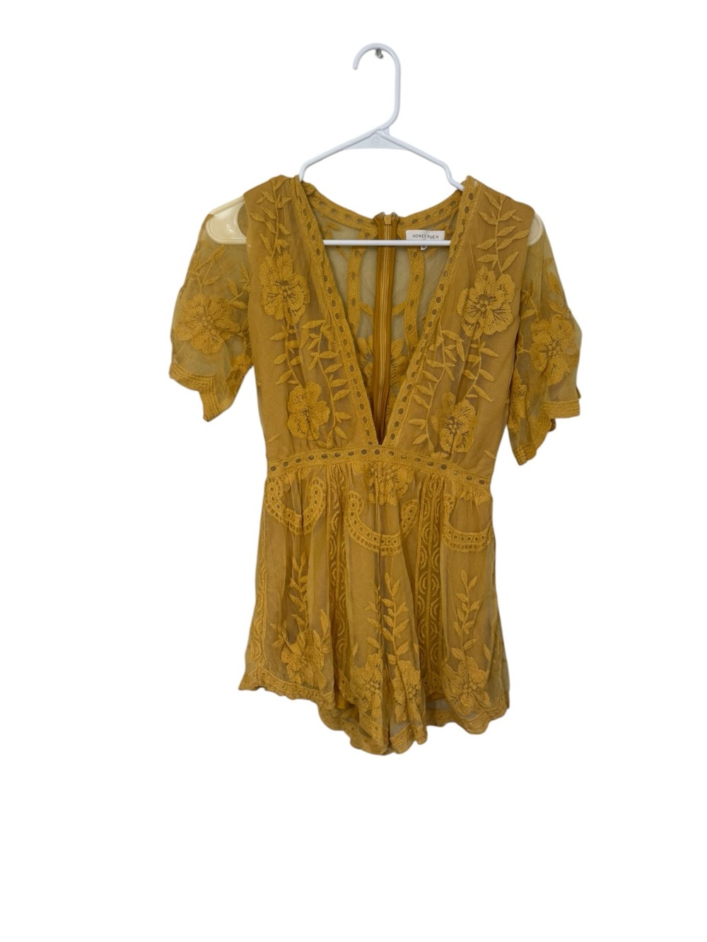 Honey Punch Embroidered V-Neck Mustard Romper